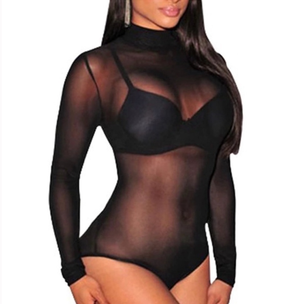 NEW Hera Collection Black Sheer Mesh Longsleeve Bodysuit Size Medium